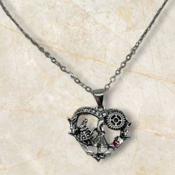 Alice In Wonderland Necklace Heart Shaped Pendant White Rabbit Ace Hearts Card - Picture 7 of 9